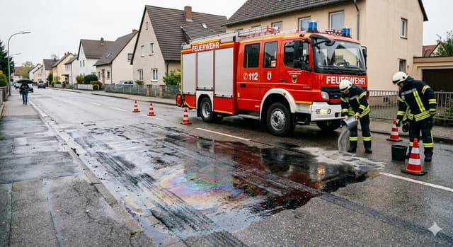 Feuerwehr bei der Nassreinigung einer Ölspur auf der Straße